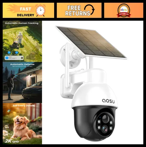 Wireless Solar Security Camera Outdoor, 2K Night Vision, PTZ, Human Tracking, 2-