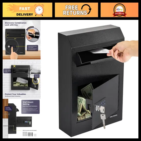 Secure Key Drop Box with Digital Keypad, Wall Mount Cash Depository Safe, Indoor