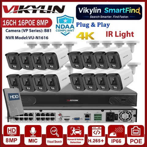 Vikylin SmartFind 16CH 16POE NVR Kits 8MP POE IP Camera IR Light 2-way Audio Lot