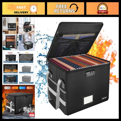 Fireproof File Box with Lock & Zipper, Collapsible Organizer for Documents, Port