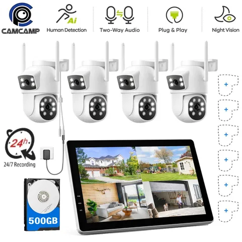 CAMCAMP Wireless Security Camera System with 10.1" Monitor 4pcs 2K Dual Lens HDD