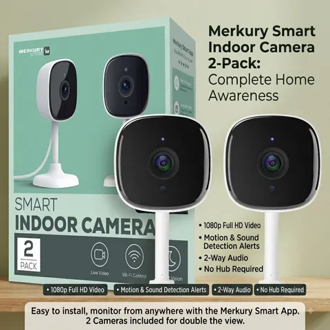 Merkury Smart 1080p Indoor WiFi Security Camera Night Vision White 2-Pack