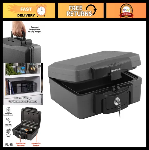Fireproof Waterproof Portable Safe Lock Box with Key, Carrying Handle, 14.3"W x