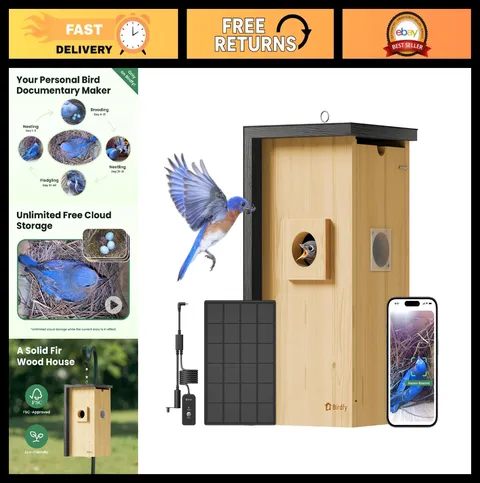 Solar-Powered Bird House with Camera, 1080P HD Night Vision, AI Detection, Iron