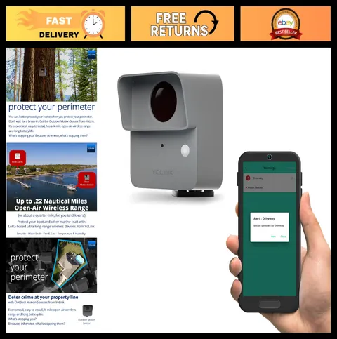 Smart Outdoor Motion Detector Sensor - Driveway Alert, 1/4 Mile Range, SMS/Email