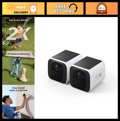 Solar Wireless Outdoor Security Camera 2-Cam Pack, 2K Resolution, No Monthly Fee