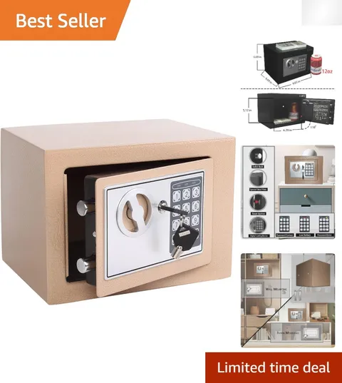 Compact Gold Security Safe Box - Portable with Digital Keypad & Emergency Keys