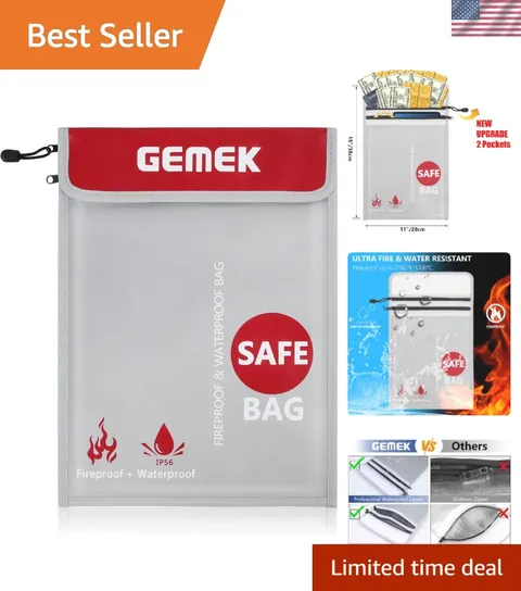 2000℉ Fireproof Document Bag - Waterproof, Dual Pocket Secure Storage, 15''x11''
