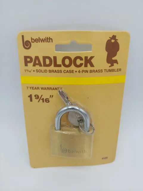 Belwith 1 9/16" Solid Brass Padlock #4120, 4-Pin Tumbler, NOS 1984, NEW & SEALED