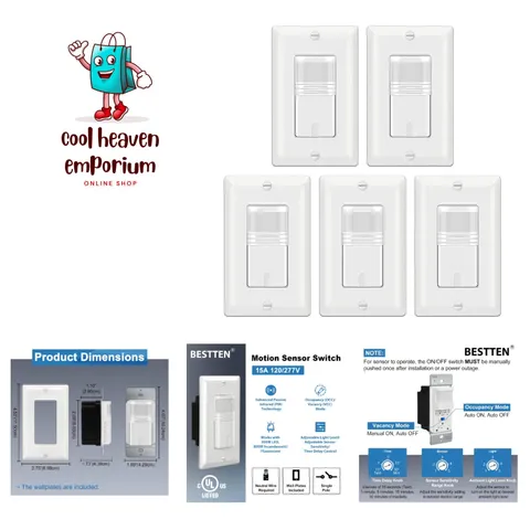 Advanced PIR Motion Sensor Light Switch | Occupancy Mode, 180° Coverage, 5 Pack