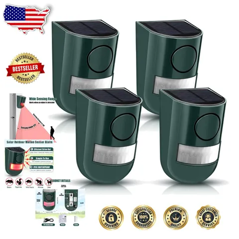 Solar Motion Alarm 4 Pack Green 129dB Loud Siren Waterproof Outdoor Deterrent