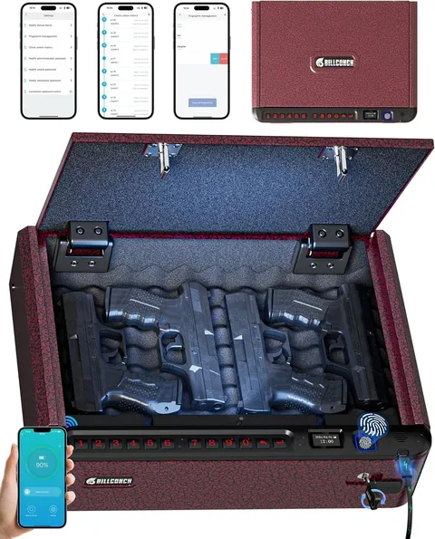 Smart gun cabinet with security cable - biometric handgun safe with four quick