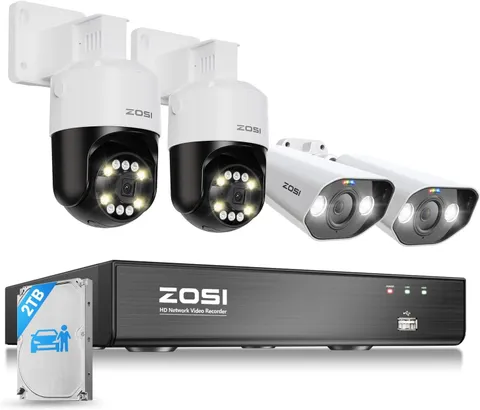 ZOSI 8CH 5MP 4PCS POE Security Camera System 2TB Color Night Vision 2-Way Talk