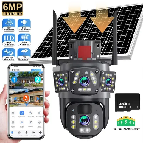 6MP Solar WiFi Camera Wireless Outdoor Night Vision PTZ Surveillance w/ 32G Card