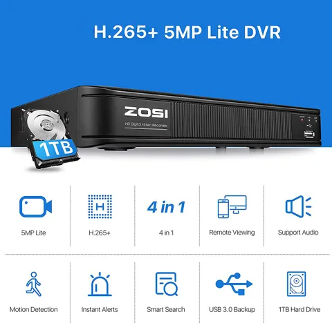ZOSI H.265+ 5MP-Lite 8CH DVR Security camera System CCTV Video Recorder 1TB