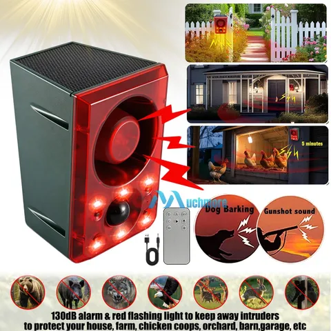 Outdoor Solar Motion Sensor Alarm 130db Siren w/ Dog Barking Voice Record 3 Mode