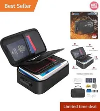 Fireproof Black Storage Organizer with Lock - Compact Travel Wallet, 9x5.3x3.7