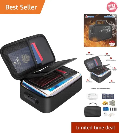 Fireproof Black Storage Organizer with Lock - Compact Travel Wallet, 9x5.3x3.7