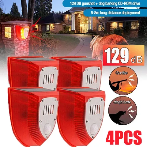 4Packs Solar Power Motion Sensor Sound Light Alarm Dog Barking Gunshots Repeller