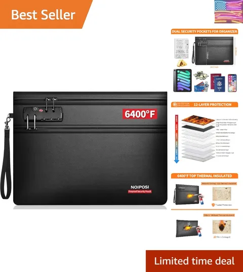 6400℉ Fireproof Money Bag with Lock,Dual-Zip Compartments Fireproof Document ...