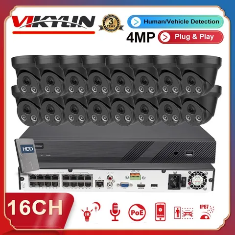Vikylin 16CH CCTV System 4MP IP Camera Mic IR 30 Indoor Outdoor 4k 16POE NVR Lot