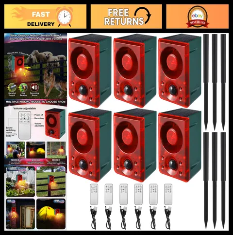 6 Pcs Solar Motion Sensor Alarm - Dog Barking, Gunshot Sound, 129 dB, USB Rechar