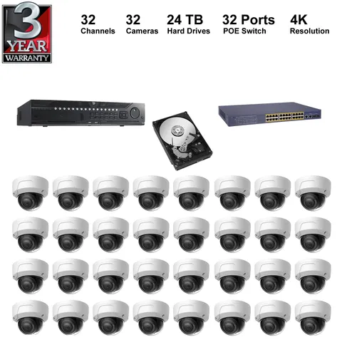 NVR Kit: 32Ch NVR+24TB HDD+4K Dome IP Camera+POE Switches ***Commercial Grade***