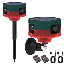 QXMH Solar Outdoor Motion Sensor Alarm: Dog Barking&Gunshot Sound, Red 2 Pack