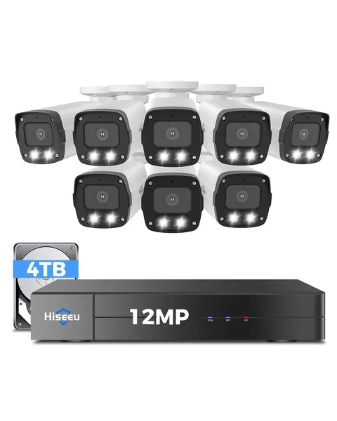 12MP PoE Security Camera System 8 Pcs Wired Bullet Cameras 4TB HDD Night Vision