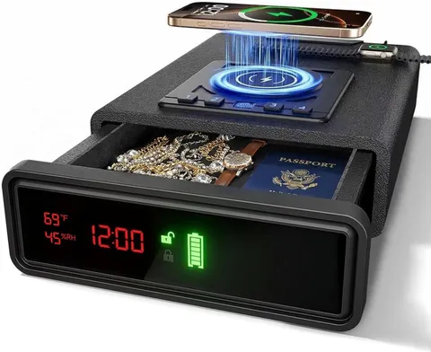 Biometric Handgun Safe with Wireless Phone Charging Clock