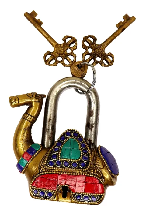 Camel Shape Lock Antique Style Handmade Brass Padlock With Colorful Gemstones