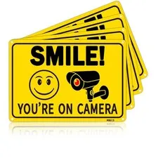 4Pcs Smile You're On Camera Signs - Aluminum, UV Ink Printed, Outdoor Video S...