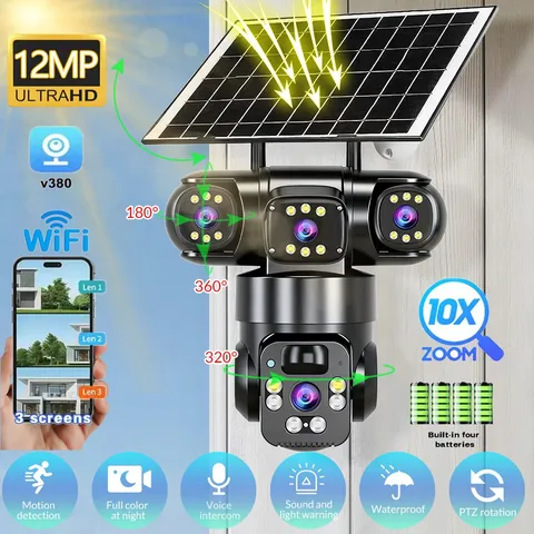 12MP 3 Lens  360° Solar Camera Outdoor Wireless WiFi CCTV Security Cam 10X Zoom
