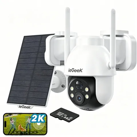 2K Solar Security Camera Outdoor Wireless 360° PTZ, Night Vision, Motion Sensor