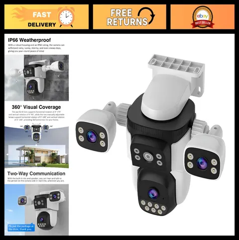 Triple Lens WiFi PTZ Security Camera - 2K 360° View, Auto Tracking, 2-Way Audio