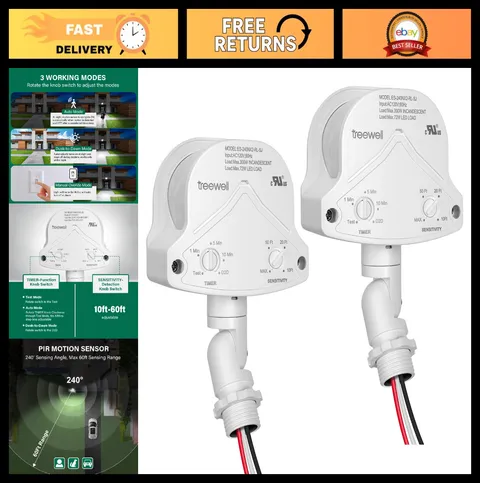 2 Pack 240° Motion Detector Sensors, Adjustable Delay & Sensitivity, 60ft Range,