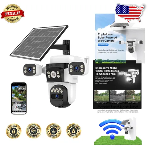 Wireless Triple Lens WiFi Camera 2K 360° View Solar Powered AI Human Detection