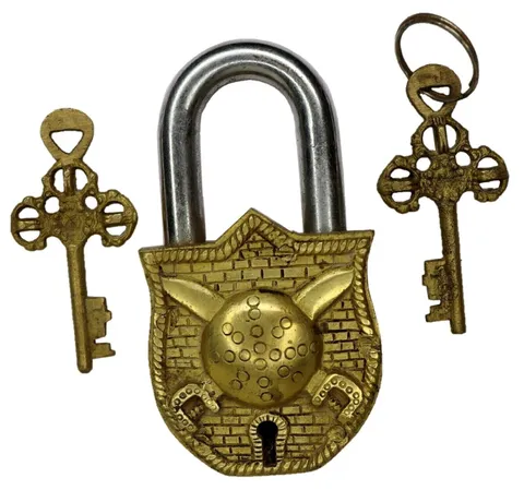 Antique Repro Brass Door Lock Vintage Style Handcrafted Sword & Shield Padlock