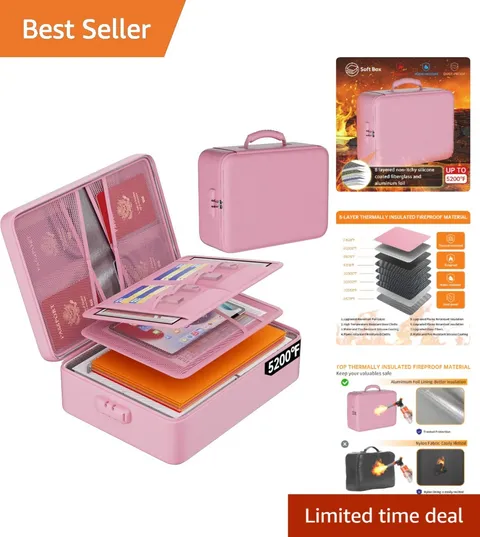 Large-Capacity Pink Fireproof Document Organizer with Lock - 36 Compartments