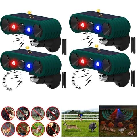 4PCS Solar Outdoor Motion Sensor Alarm 2*130db Ultrasonic Siren 4 Modes Flashing