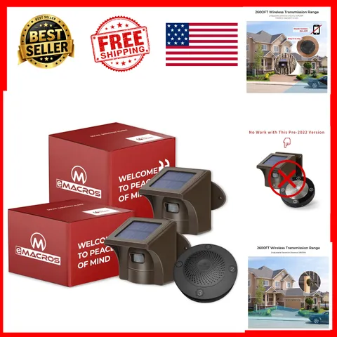 Solar Wireless Driveway Alarm 1/2 Mile 1 Receiver 2 Sensors Adjustable Motion