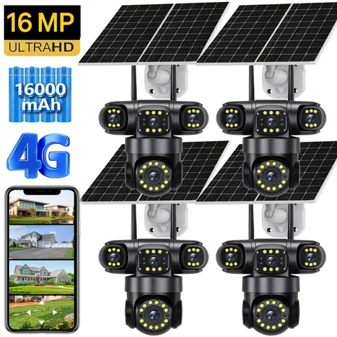 4PCS 16MP 4G SIM Solar Battery Security IP Camera Outdoor Home 4 Lens PTZ CCTV