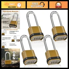 4 Pack Heavy Duty Long Shackle Combination Padlocks - Waterproof Outdoor Locks f