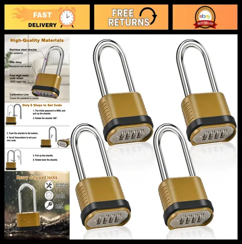 4 Pack Heavy Duty Long Shackle Combination Padlocks - Waterproof Outdoor Locks f