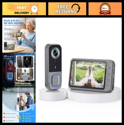Wireless Video Doorbell Camera with Monitor, 2-Way Audio, Night Vision, No WiFi