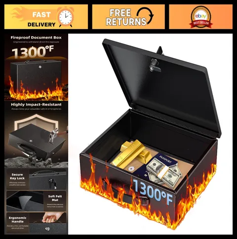 Fireproof Document Box with Key Lock & Handle - Water-Resistant Safe for Valuabl