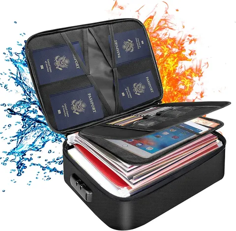 Document Bag with Lock, Fireproof 3-Layer File Storage Box, Black | Water-Resist