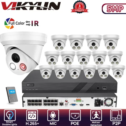 VIKYLIN 16CH NVR System Dual light Color+IR MIC POE 5MP Security camera kit Lot