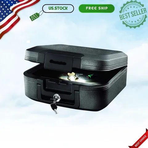 Fireproof Waterproof Safe Chest with Key Lock Interior Light Carry Handle Black