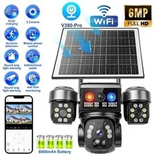 6MP WiFi Solar Security Camera, Triple Lens with 3-Screen View, PTZ, PIR Motion